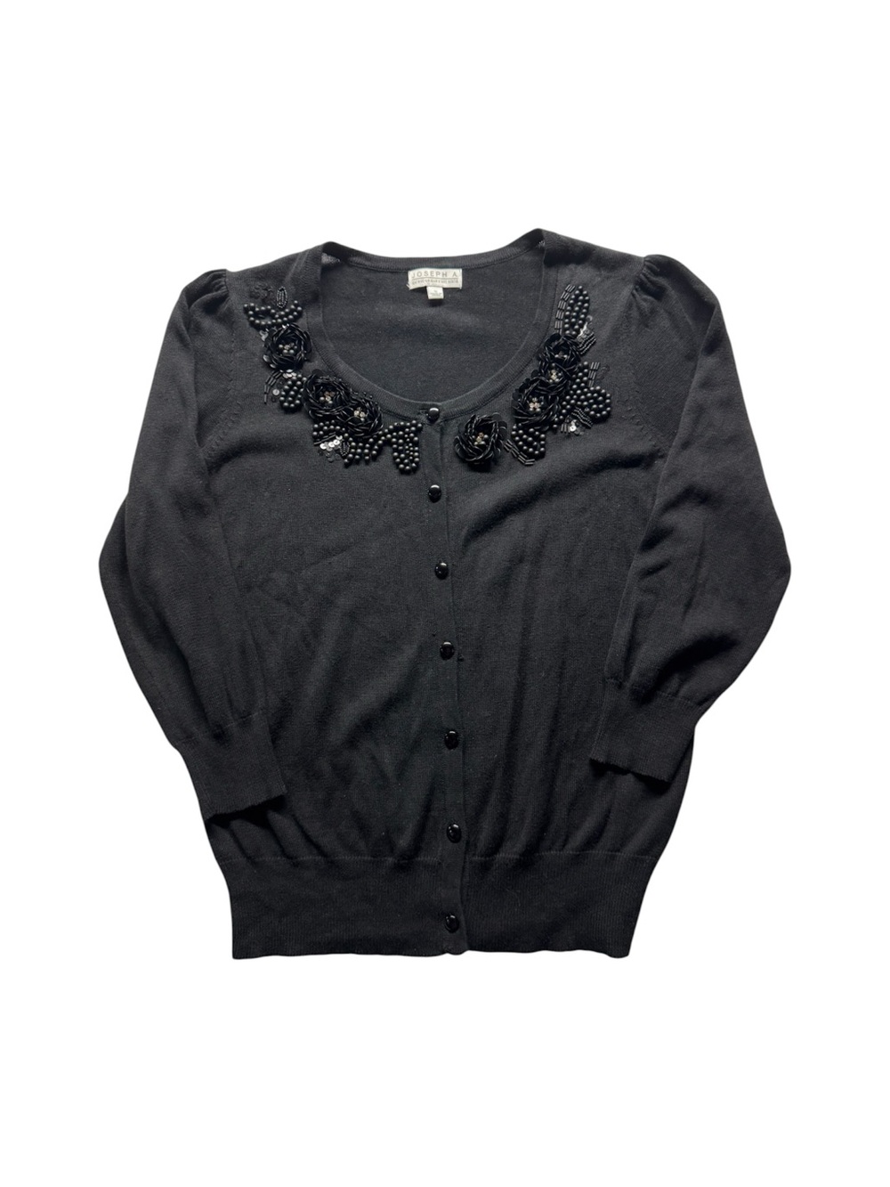 Joseph A Black Floral Beaded Cardigan Sweater Size S Embellished Button Front